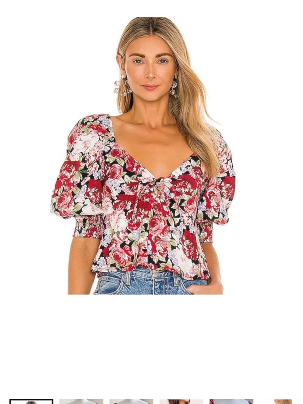MINKPINK Black Floral Puff-Sleeve Blouse with Red Roses